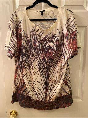 Soma Cream Short Sleeve Top with Peacock Feather Motif
